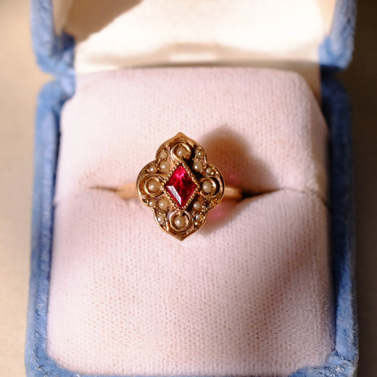 Victorian 10k Gold Seed Pearls and Ruby Ring