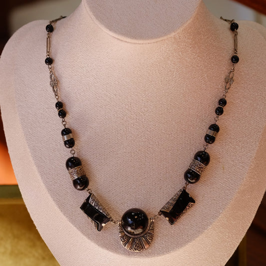 Black and Silver Etched Art Deco Necklace 1920s