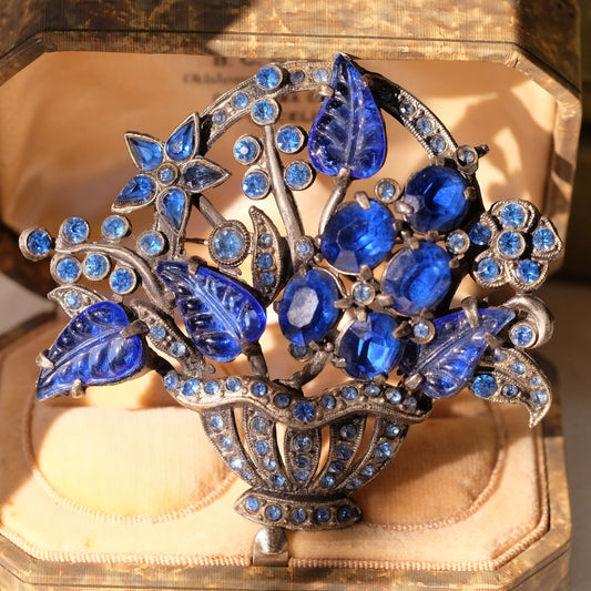 Vintage Carved Glass Blue Basket Brooch 1930s