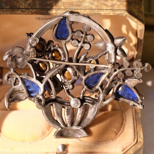 Vintage Carved Glass Blue Basket Brooch 1930s