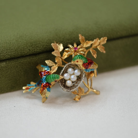 18K Gold Enamel Pearl Figural Bird Nest Brooch