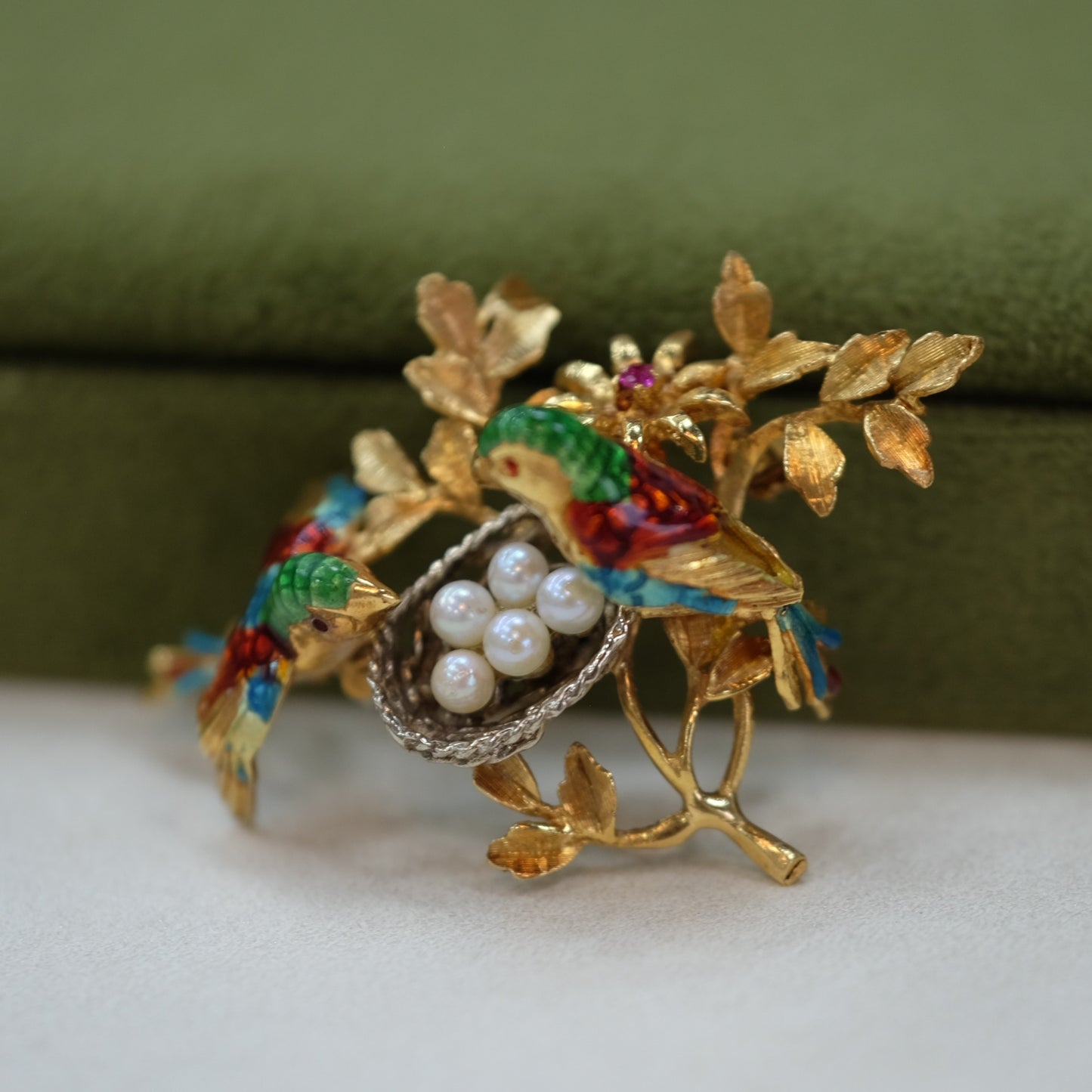 18K Gold Enamel Pearl Figural Bird Nest Brooch