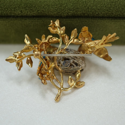 18K Gold Enamel Pearl Figural Bird Nest Brooch