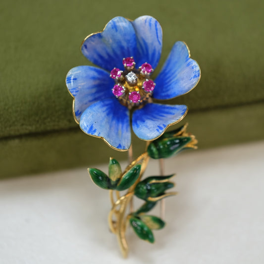 18K Gold Enamel Diamond Ruby Brooch