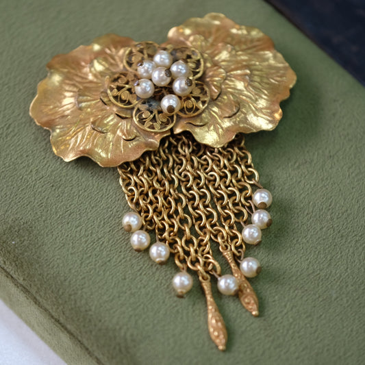 Art Nouveau Brass Lotus Dangle Brooch 1910s