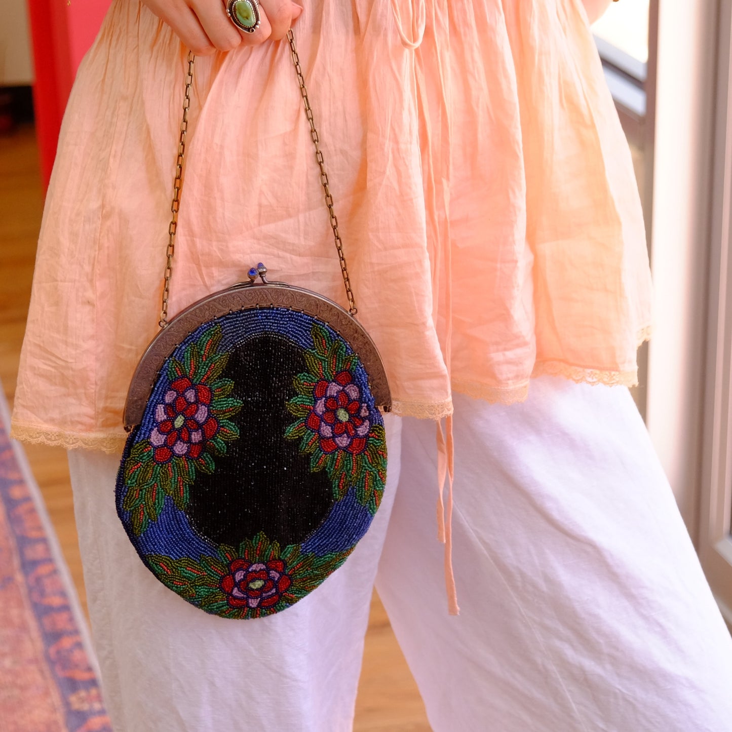 Victorian Beaded Bag with Silver Frame