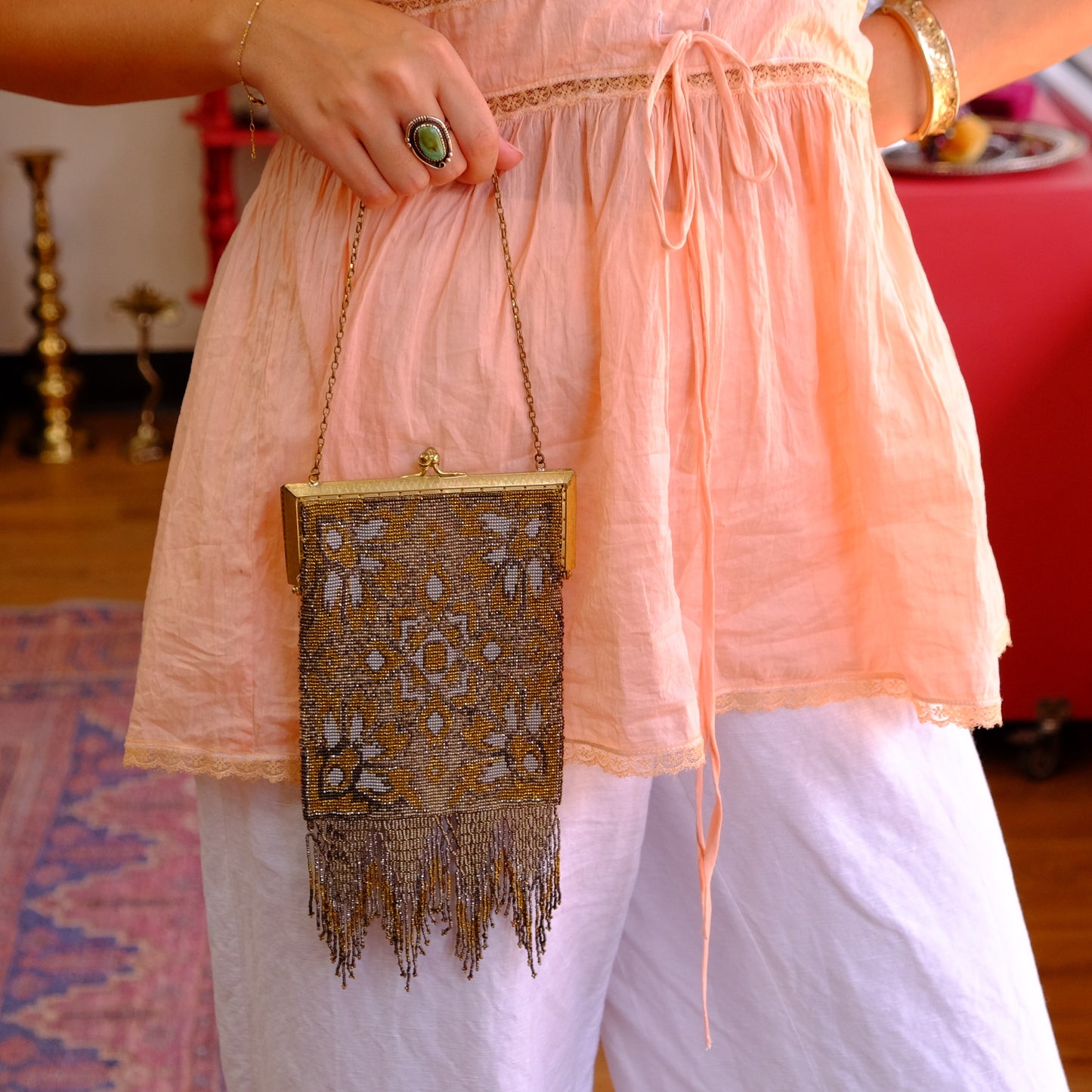 Whiting & Davis Gold and Silver Beaded Purse with Fringe