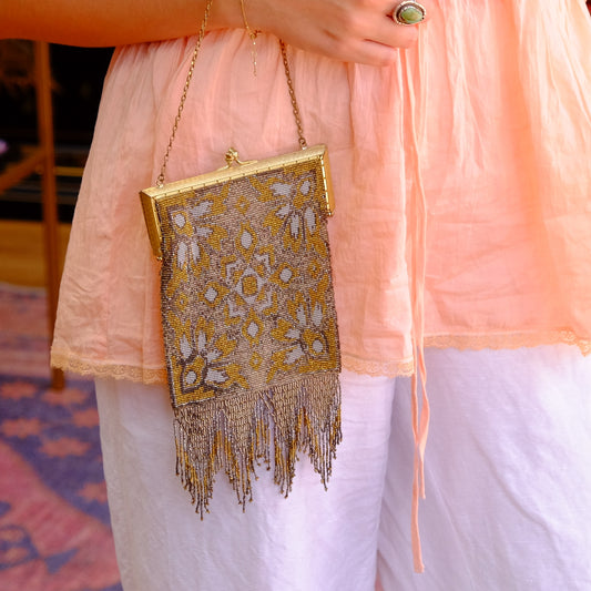 Whiting & Davis Gold and Silver Beaded Purse with Fringe