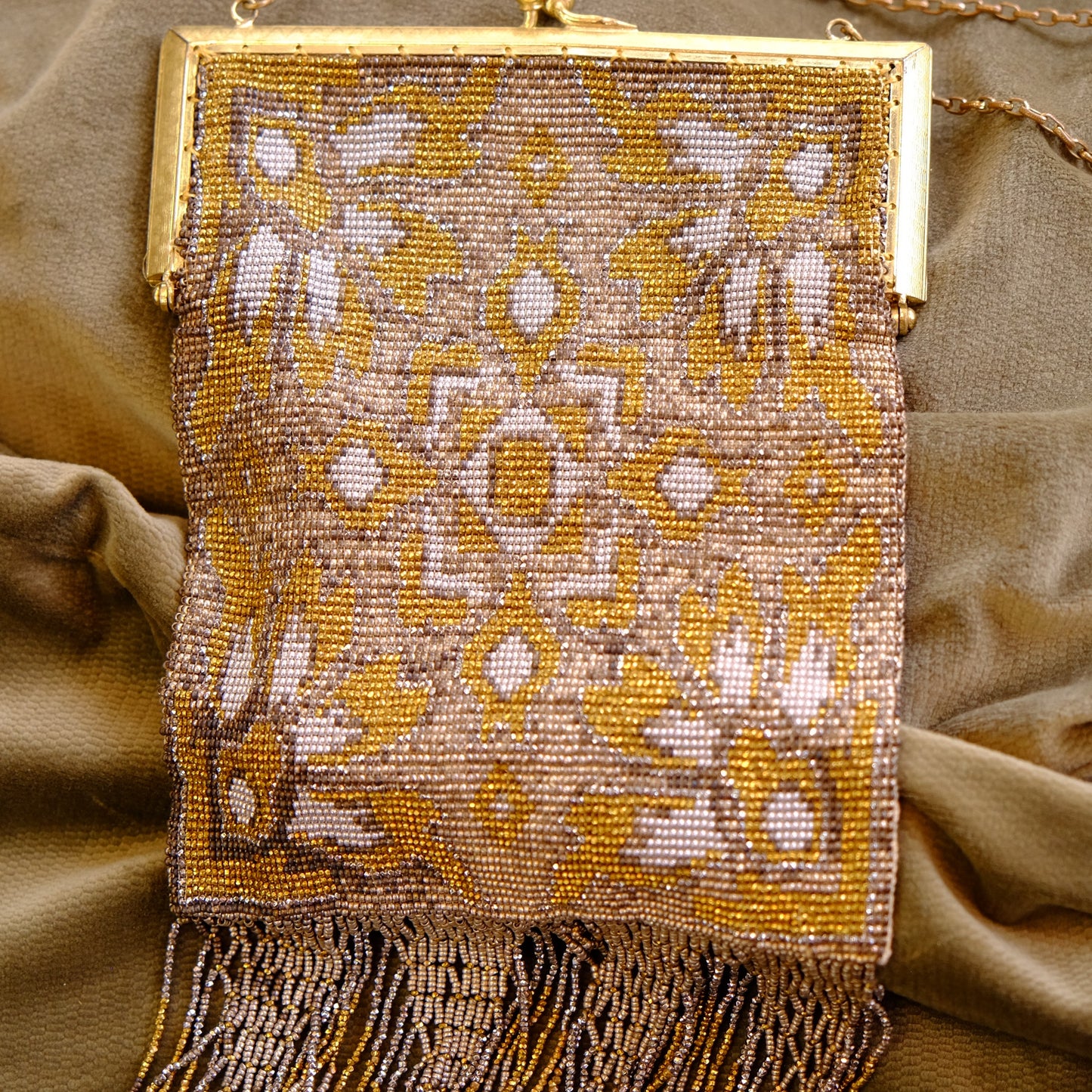 Whiting & Davis Gold and Silver Beaded Purse with Fringe