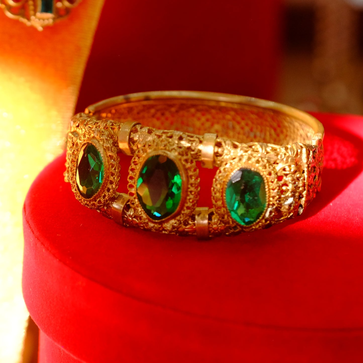 Antique Art Nouveau Green Glass Filigree Bracelet 1910s