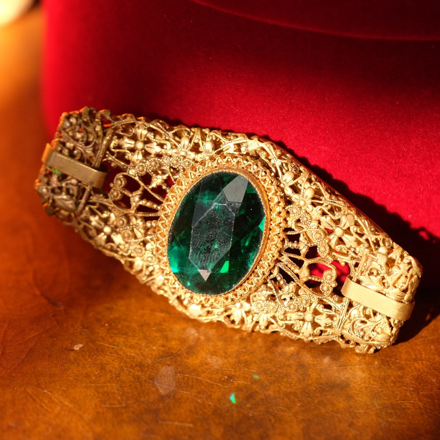 Antique Art Nouveau Green Glass Filigree Brooch 1910s