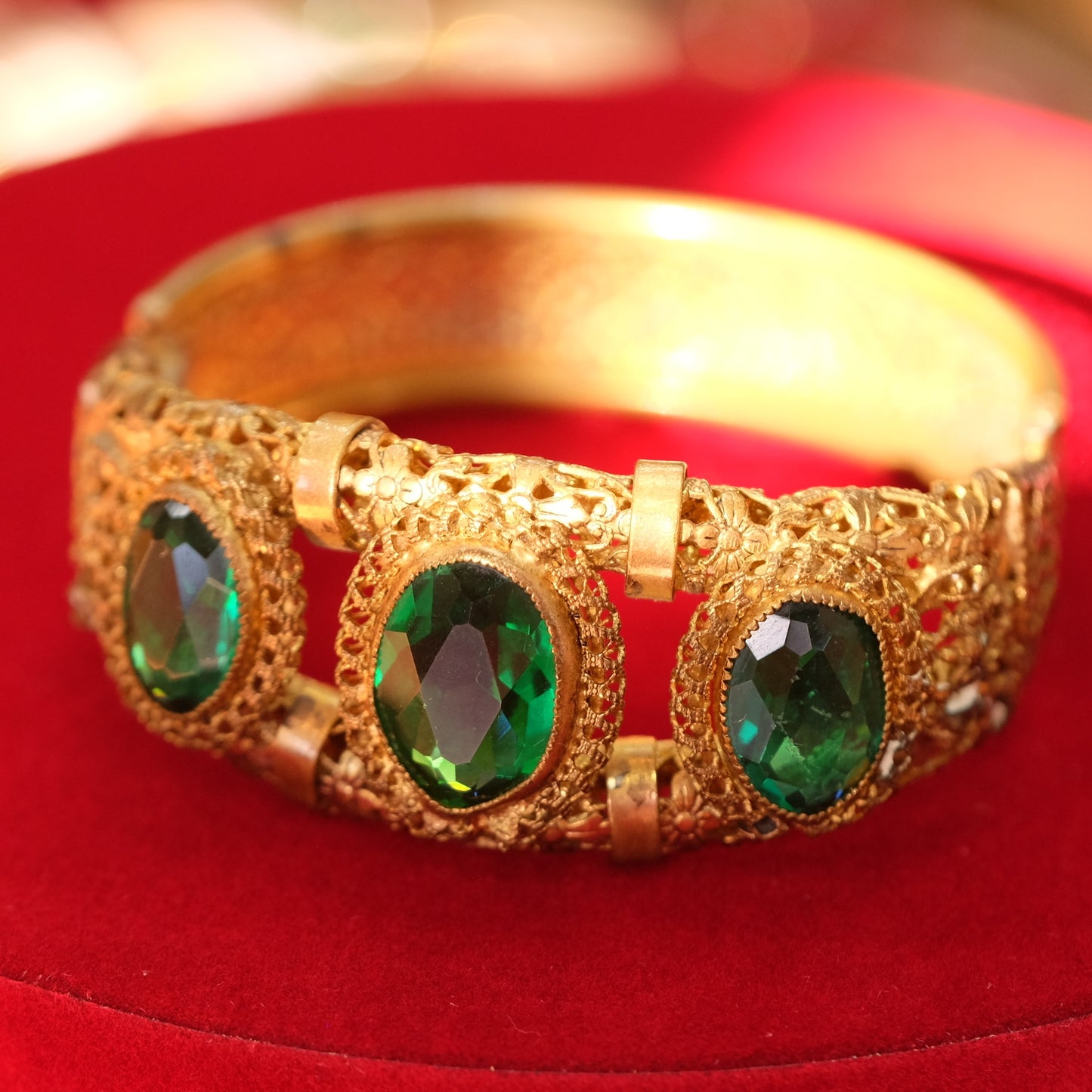 Antique Art Nouveau Green Glass Filigree Bracelet 1910s