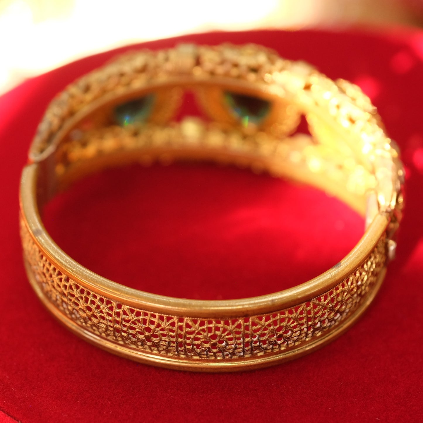 Antique Art Nouveau Green Glass Filigree Bracelet 1910s