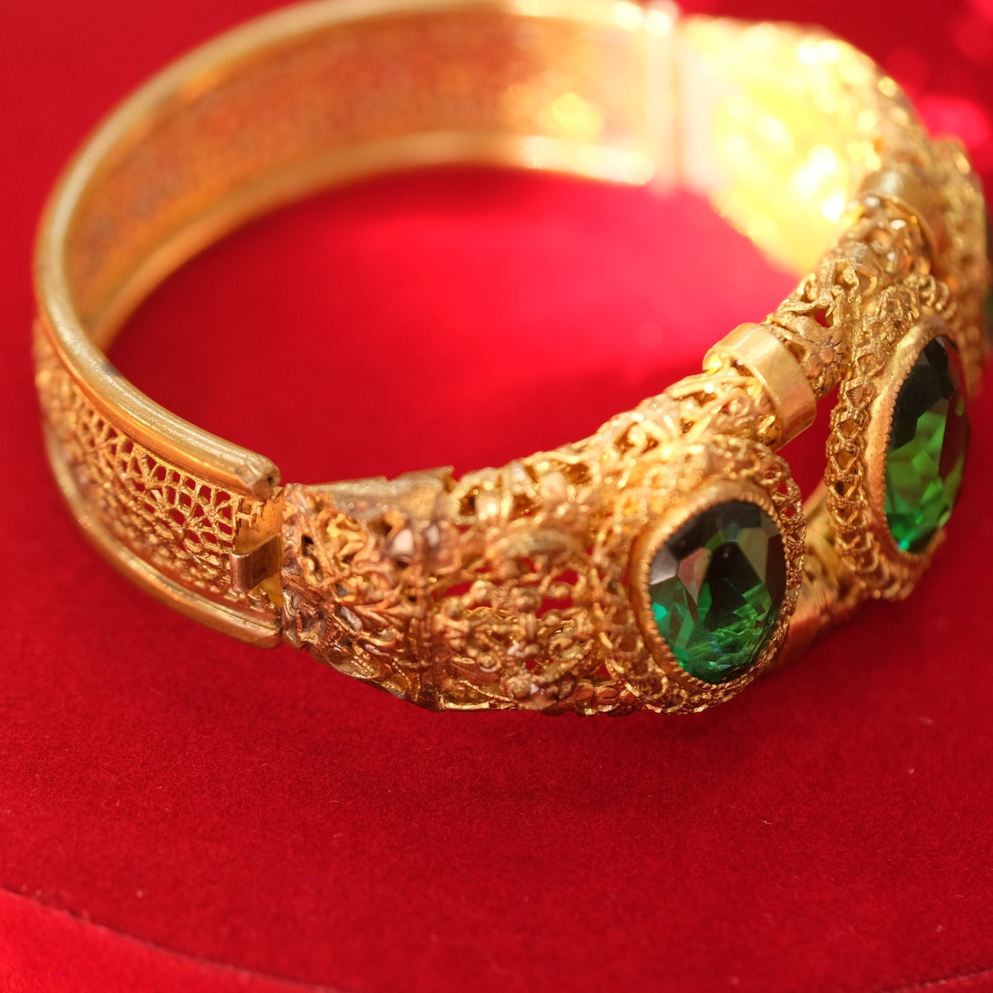 Antique Art Nouveau Green Glass Filigree Bracelet 1910s