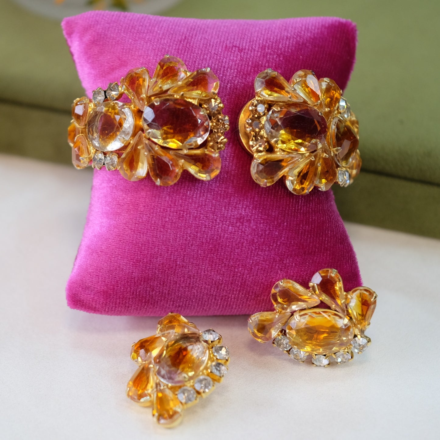Juliana Amber Clamper Bracelet and Earrings Set 1950s