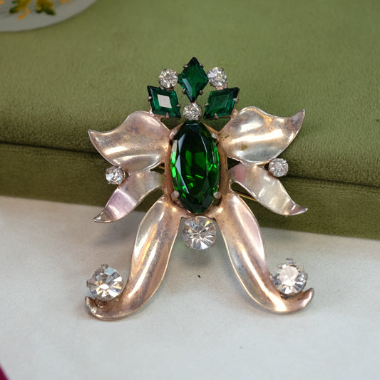 Vintage Retro Sterling Green Glass Brooch 1940s