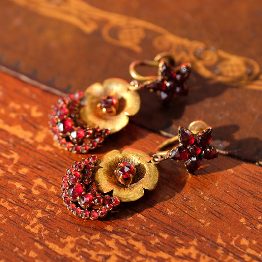 Victorian Garnet Flower Shaped Screw Backs Earrings