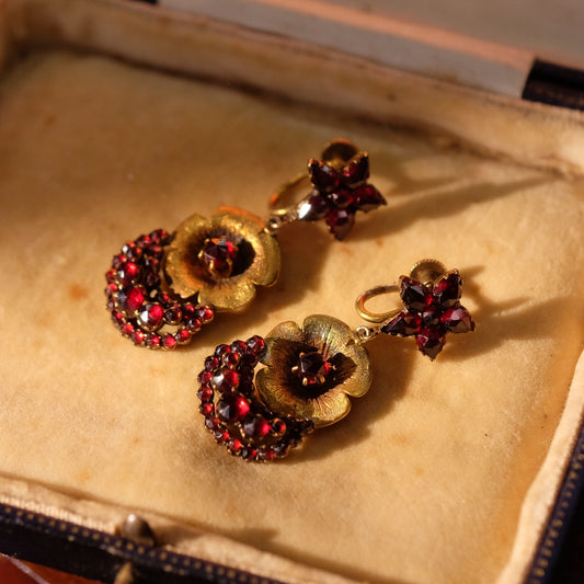Victorian Garnet Flower Shaped Screw Backs Earrings