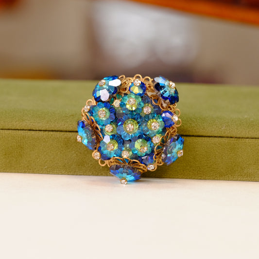 Vintage Blue Flower Crystal Round Brooch 1960s