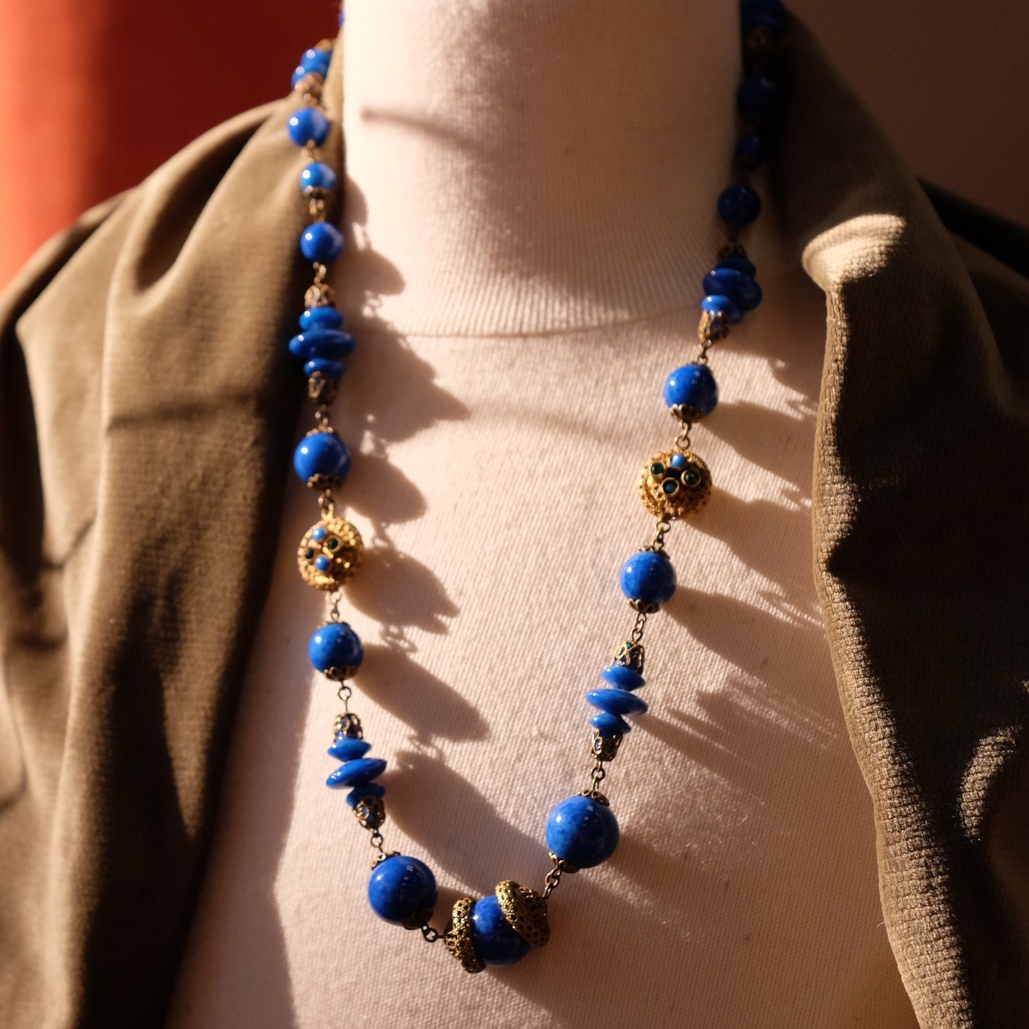Antique Czech Lapis Glass and Brass Necklace 1930s