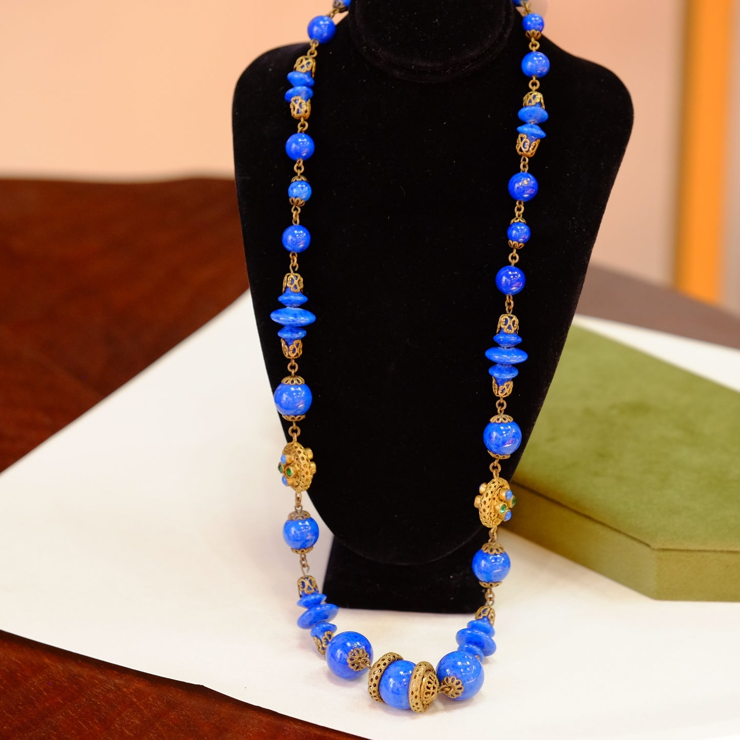 Antique Czech Lapis Glass and Brass Necklace 1930s