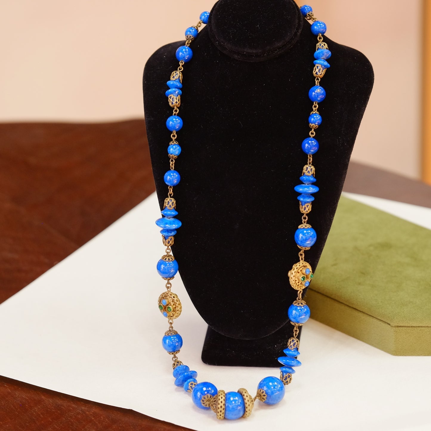 Antique Czech Lapis Glass and Brass Necklace 1930s