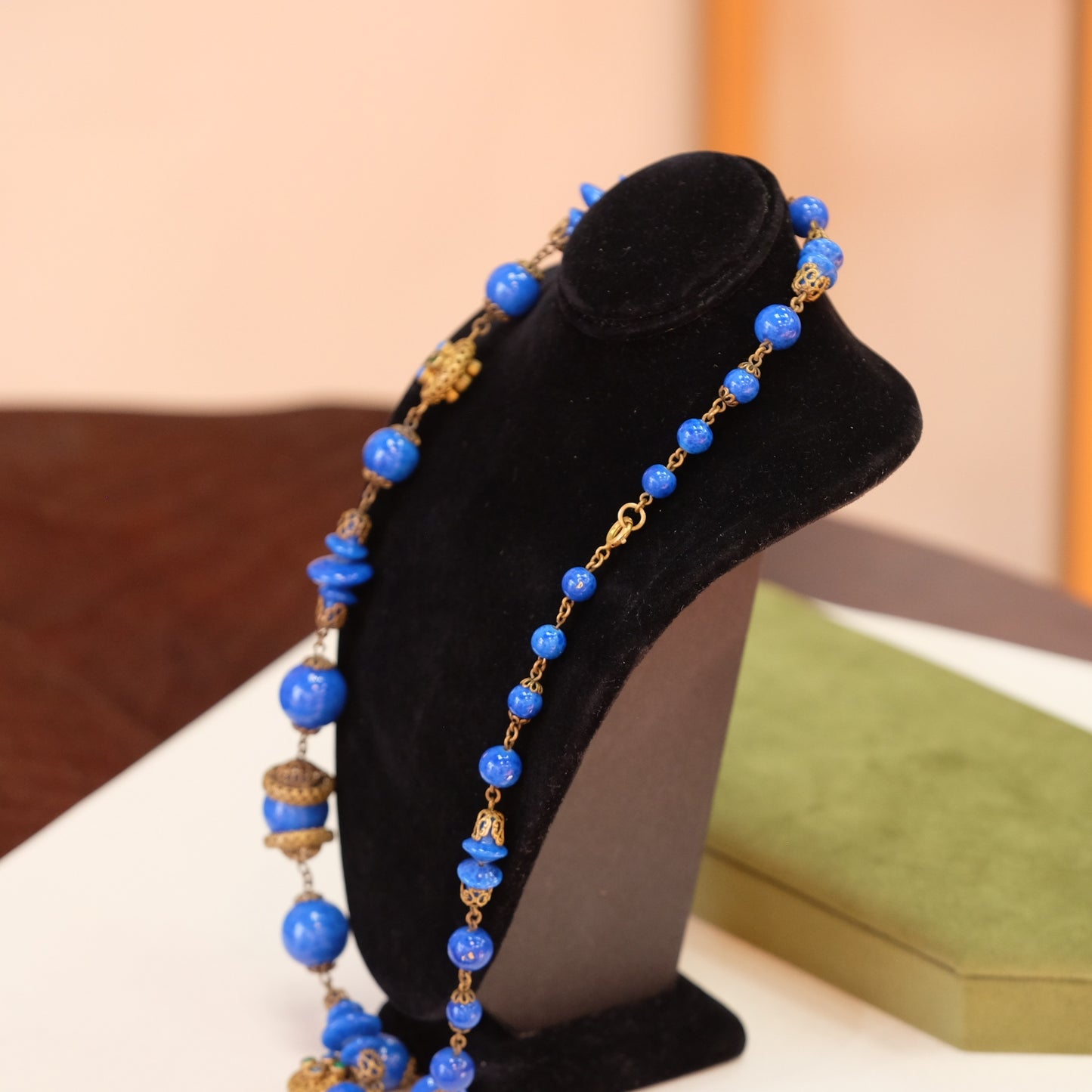 Antique Czech Lapis Glass and Brass Necklace 1930s