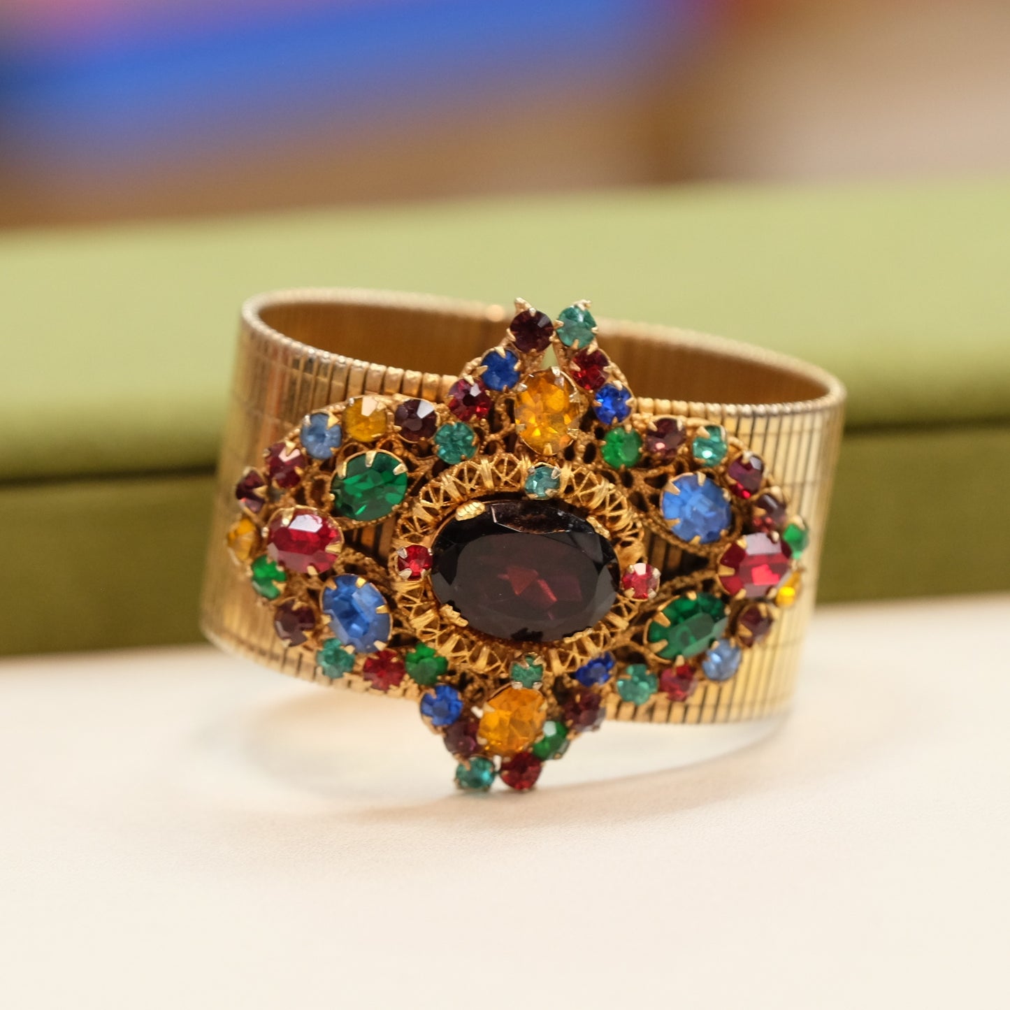 Vintage Centerpiece Jewel tone Wide Bracelet 1950s