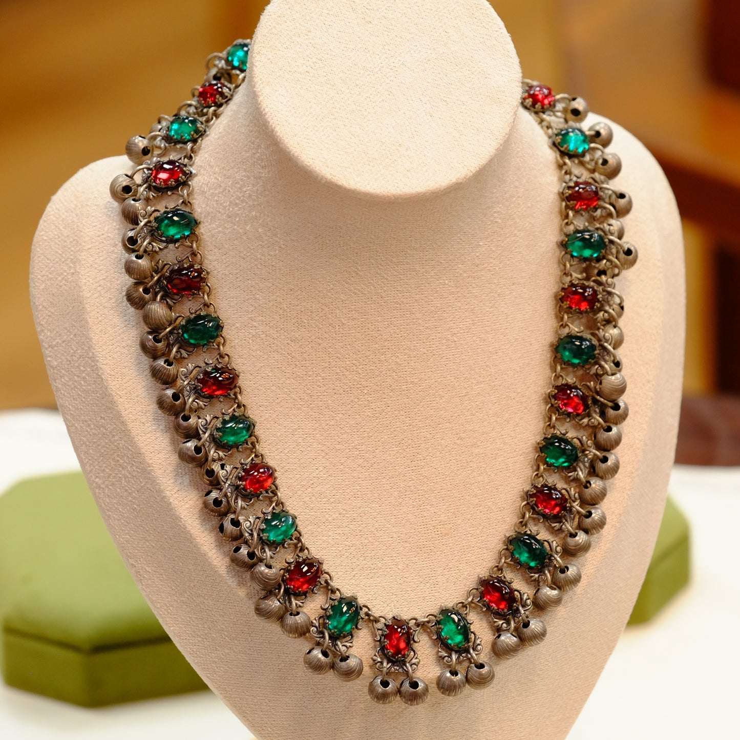 Art Deco Glass collar with red and green cabochons 1930s