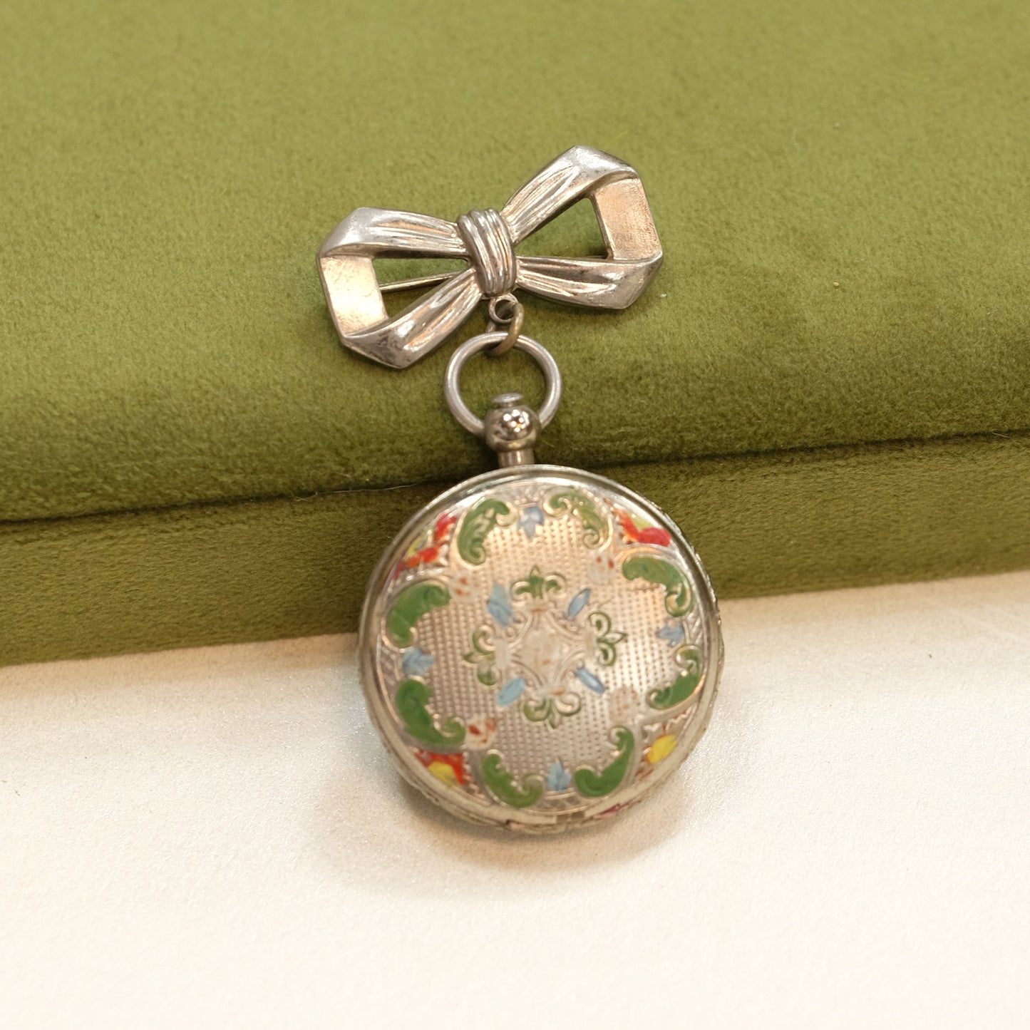 Vintage Enamel Locket with bow pin 1930s