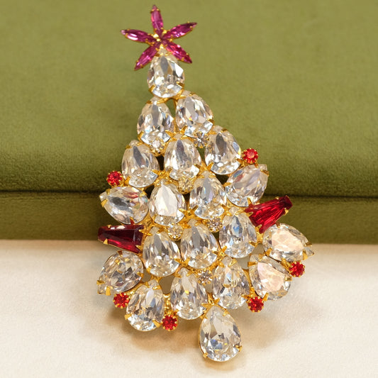 Dominique Giant Christmas Tree teardrop and red rhinestone Brooch 1980s