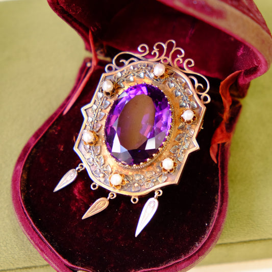 Victorian 14K Gold Genuine Amethyst Brooch and Pendant with original box