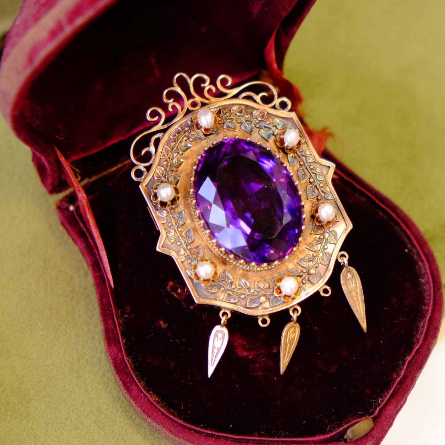 Victorian 14K Gold Genuine Amethyst Brooch and Pendant with original box