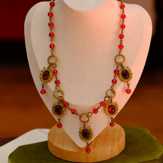 Victorian Red Glass and Brass Necklace 1890s
