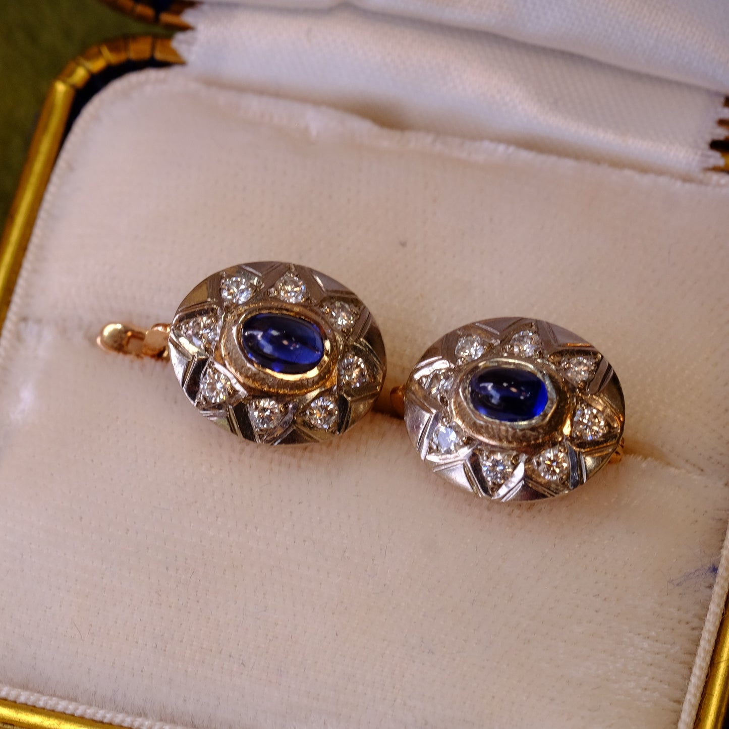 14k Gold Soviet Diamond and Sapphire Cabochon Earrings