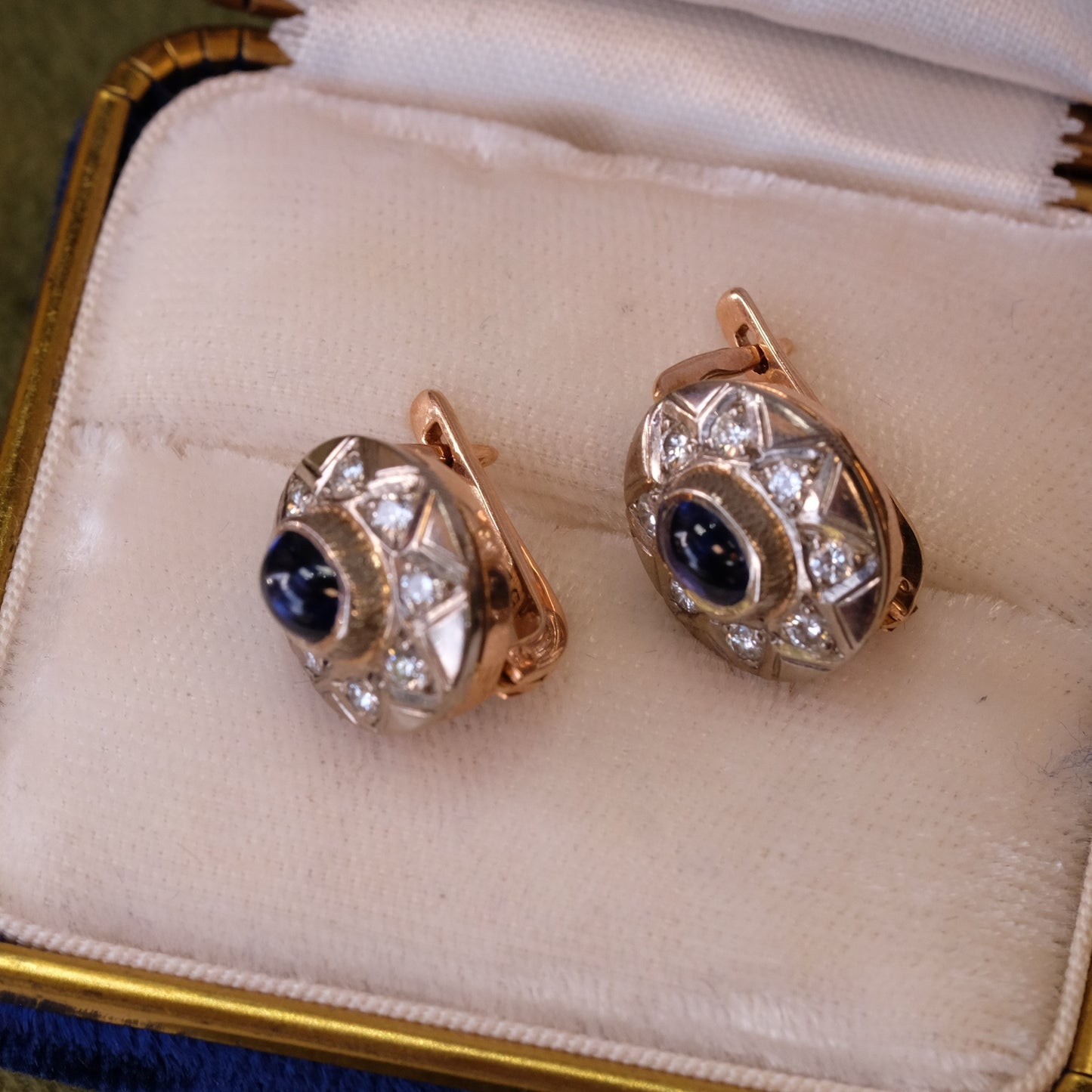 14k Gold Soviet Diamond and Sapphire Cabochon Earrings