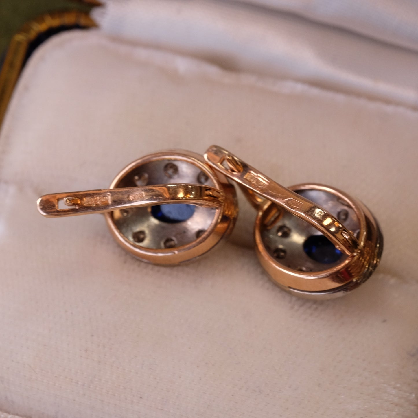 14k Gold Soviet Diamond and Sapphire Cabochon Earrings