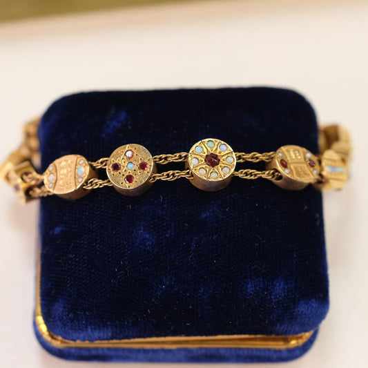 Victorian 14k Solid Gold Slider Bracelet with Opals and Garnets