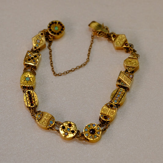 Victorian 14k Solid Gold Slider Bracelet with Opals and Garnets