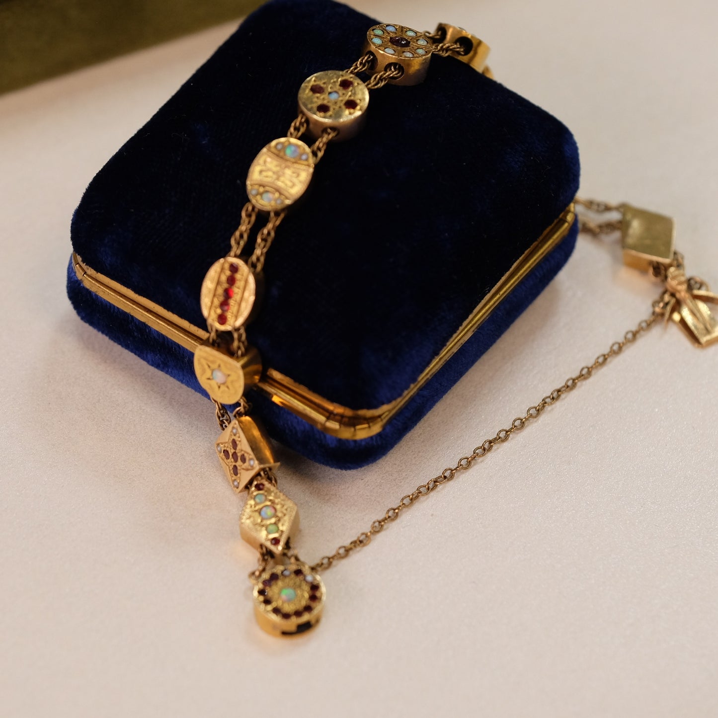 Victorian 14k Solid Gold Slider Bracelet with Opals and Garnets