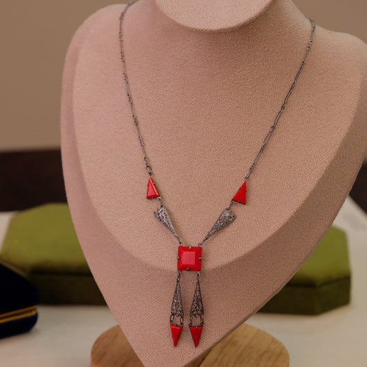 Art Deco Silver Filigree Red Glass Necklace