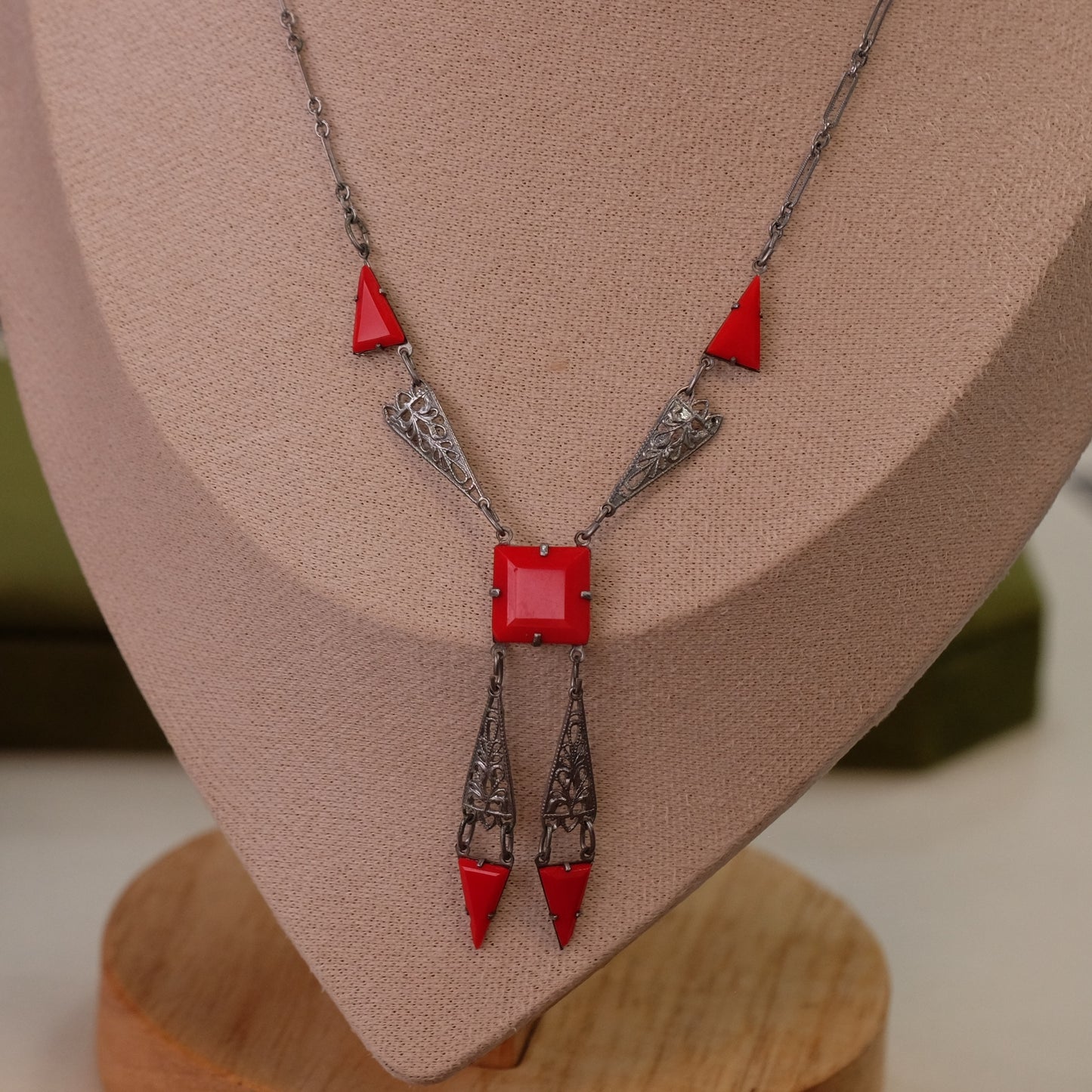 Art Deco Silver Filigree Red Glass Necklace