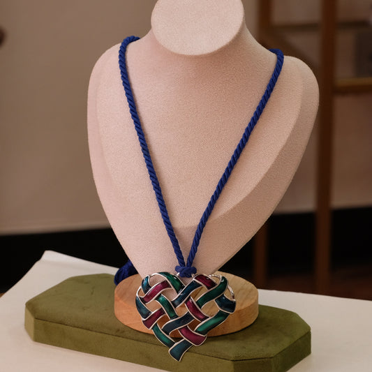 Vintage Yves Saint Laurent Enamel Heart Pendant on Blue Cord 1990s