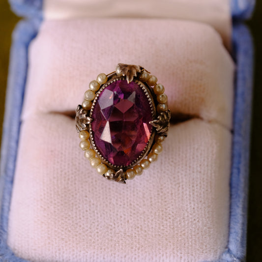 Vintage Sterling Ring with Purple Glass and Seed Pearls