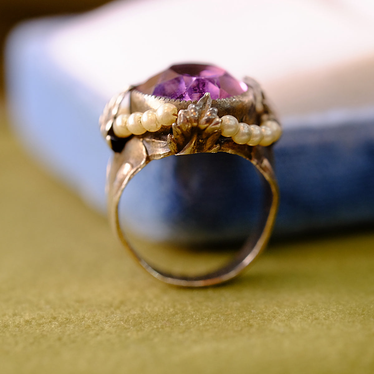 Vintage Sterling Ring with Purple Glass and Seed Pearls