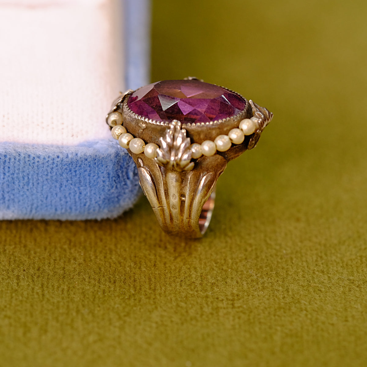 Vintage Sterling Ring with Purple Glass and Seed Pearls