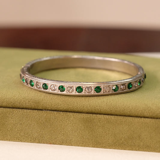 Art Deco Silvertone Green and Clear Paste Bracelet