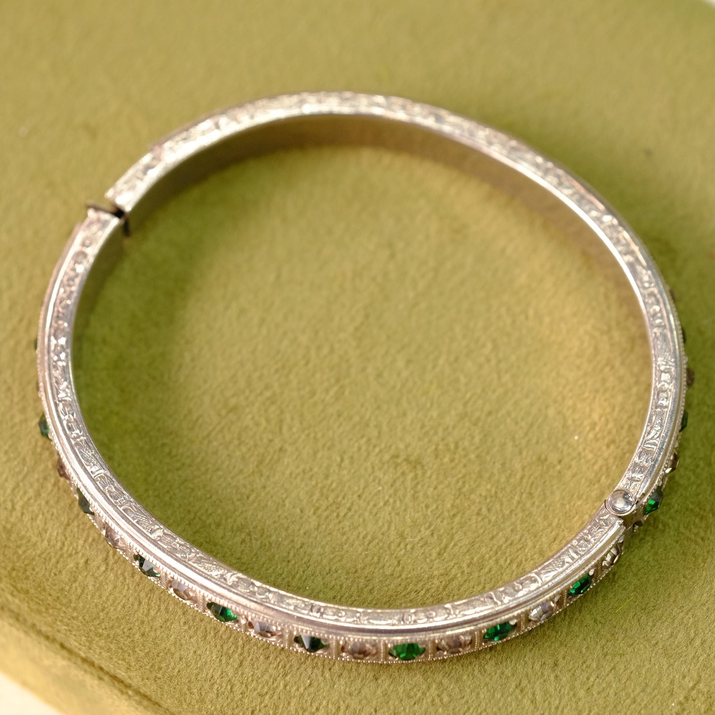 Art Deco Silvertone Green and Clear Paste Bracelet