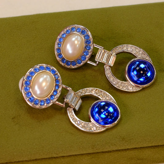 Vintage Yves Saint Laurent Blue Dangle Silver Tone Earrings 1990s