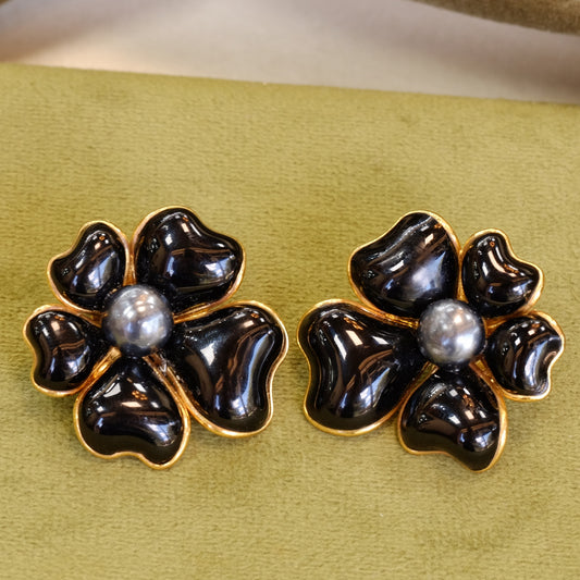 Gripoix Paris Black Flower Clip-Ons